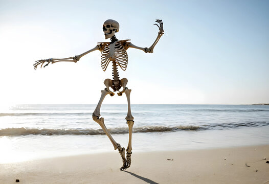 Realistic skeleton dancing on a sunny beach