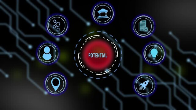 Dynamic digital infographic display featuring central potential concept surrounded by interactive business growth symbols, and futuristic circuit board connectivity patterns for corporate