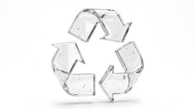 Transparent clear glass recycling symbol isolated on white background, plastic free and waste management concept
