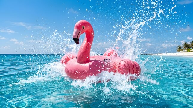 Large pink flamingo inflatable float splashing in clear blue sea water at a tropical island beach