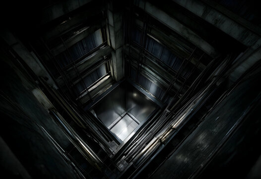 Industrial elevator shaft interior with dark moody lighting