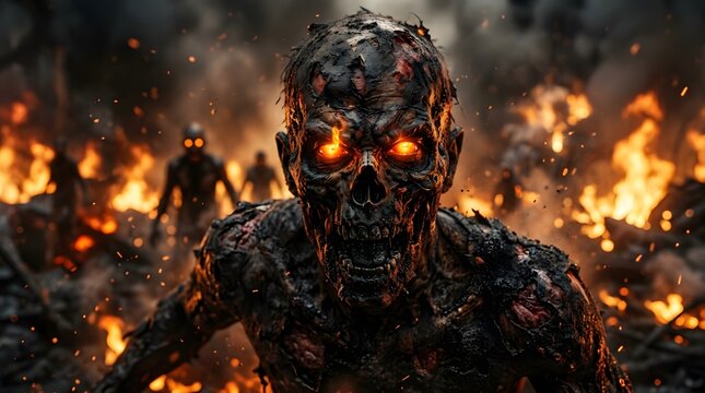 Terrifying zombie with glowing eyes emerging from fire and smoke