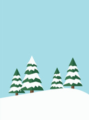 Obraz premium Flat Vector Illustration of Snow Covered Pine Trees Standing on a Snowy Hill Under Blue Sky in Winter Landscape Scene