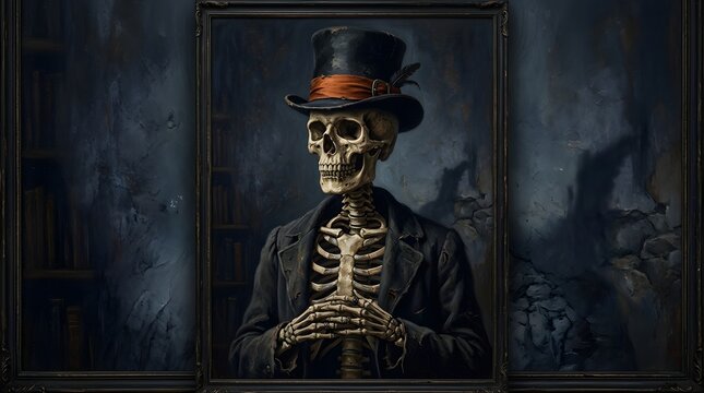 Portrait of a skeleton wearing a top hat and formal suit in a dark, moody library setting