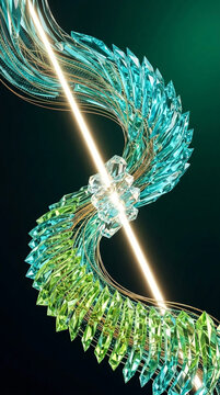 Iridescent crystal shards and golden threads form a swirling abstract shape, representing energy flow and intricate design, suitable for tech or abstract art concepts.