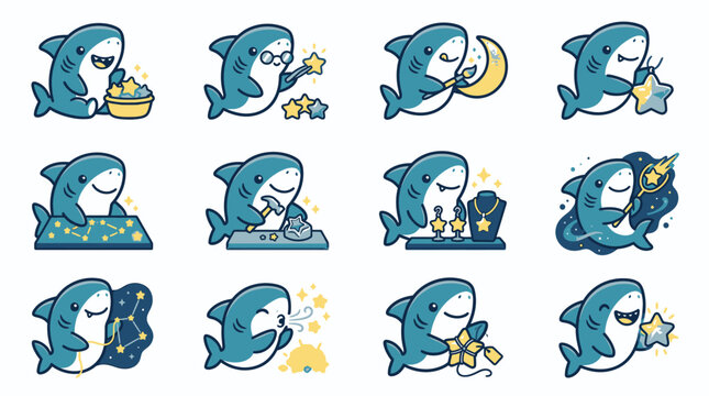 Blue shark character sticker set doing various activities.