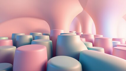 Fototapeta premium Abstract rounded forms create surreal space. Soft pastel colors dominate composition, evoking dreamlike quality. Minimalist design.