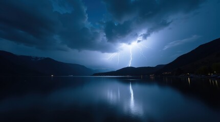 Fototapeta premium Tormenta eléctrica sobre un lago de montaña por la noche
