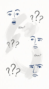 Abstract faces with question marks and thought bubbles, symbolizing confusion, curiosity, and contemplation, perfect for educational or conceptual themes.
