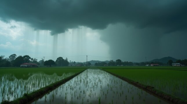 Intensa tormenta monz&oacute;nica sobre un paisaje rural asi&aacute;tico; campos inundados que reflejan nubes espectaculares