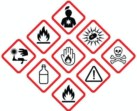 ghs hazard pictograms set of 9 icons, globally harmonized system chemical safety symbols, industrial warning labels in red diamond frames, hazardous materials identification, workplace safety signage