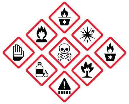 ghs hazard pictograms set of 9 icons, globally harmonized system chemical safety symbols, industrial warning labels in red diamond frames, hazardous materials identification, workplace safety signage