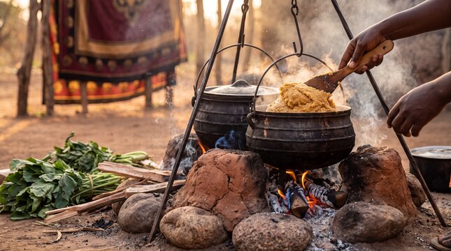 Cooking ugali over open fire at a Kenyan village homestead during golden hour