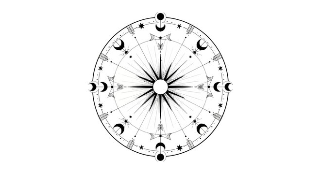 Celestial Compass Rose with Sun, Moon Phases, Stars, and Constellations - Mystical Astrology Symbol