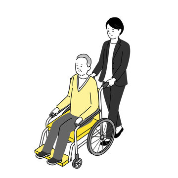 車椅子に乗る高齢男性とスーツ姿の女性のイラスト