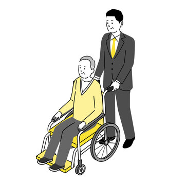 車椅子に乗る高齢男性とスーツ姿の男性のイラスト
