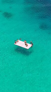 Floating Pier At Porto Marie Beach In Netherlands Curacao. Island Beach. Blue Sea Landscape. Porto Marie Beach At Netherlands Curacao. Tourism Background. Nature Seascape.