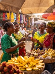Kenyan fruit market vendors sharing joyful moments with colorful produce