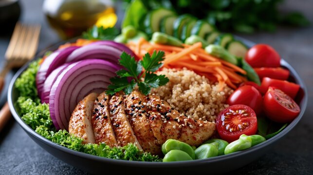 Fresh meal with grilled chicken, vegetables, and quinoa served on a plate during lunch time