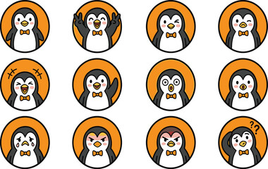 Fototapeta premium Cute Penguin Expression Badge Set with Various Emotions and Face Avatars for Chat Emoticons Gaming and Mobile App Stickers