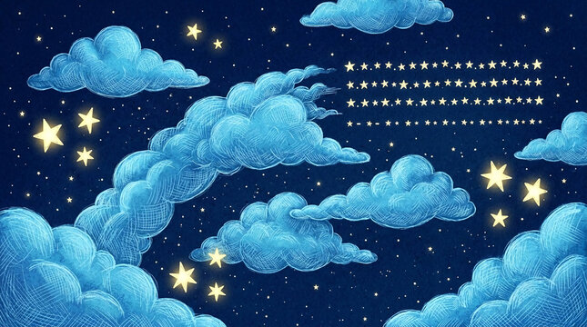 Blue clouds and yellow stars against a dark night sky, evoking dreams and imagination, perfect for children's themes or serene backgrounds.