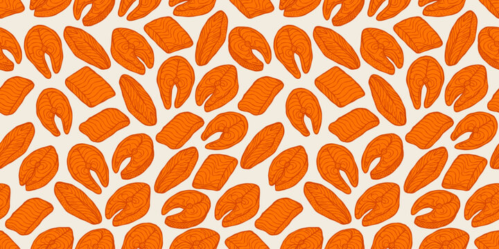 Orange hand drawn salmon fillet seamless pattern