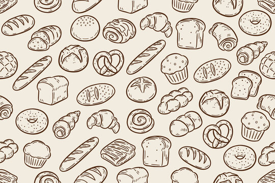 Bakery line icon seamless pattern on brown background