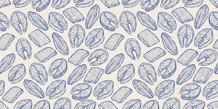 Blue hand drawn salmon fillet seamless pattern