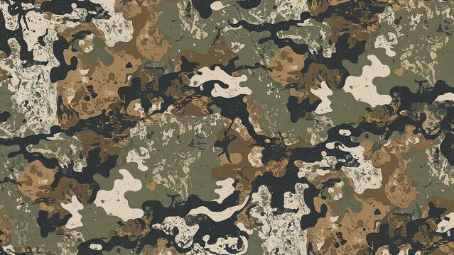 Camouflage pattern with green, brown, black, and beige colors.