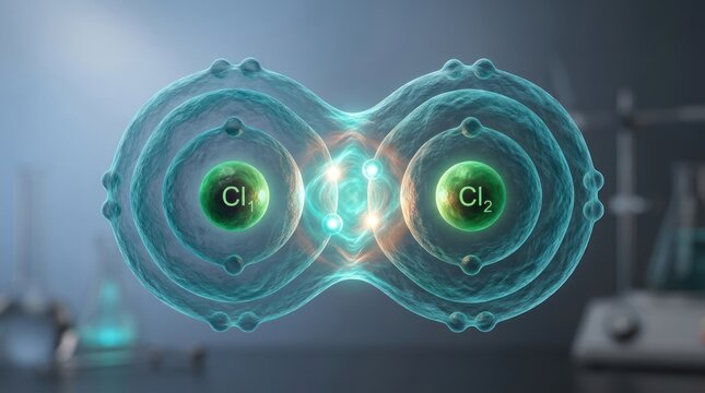 Molecular bonding of two chlorine atoms sharing electrons in a diagram