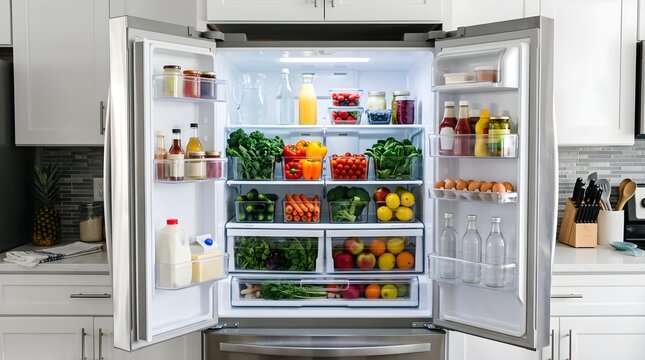 Modern open refrigerator full of fresh organic food, organized stainless steel fridge with healthy vegetables and fruits, bright kitchen interior