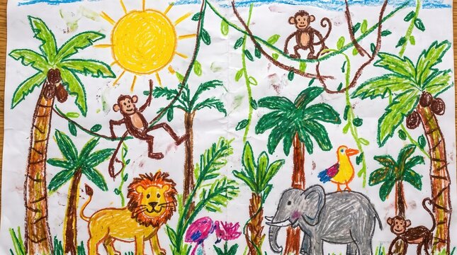 Colorful crayon jungle scene with hanging monkey, sun, lion and elephant, cute hand drawn children's book style nature illustration art