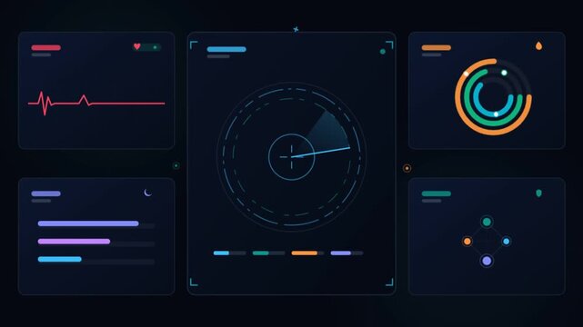 Futuristic HUD interface with digital data charts, medical heart rate monitor and radar display, sci-fi dashboard for technology and science UI