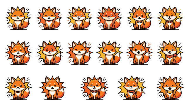 Cute fox character stickers in comic starburst borders.
