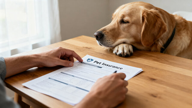 A pet owner reviewing pet insurance documents at home while a dog rests nearby, pet protection and financial care concept