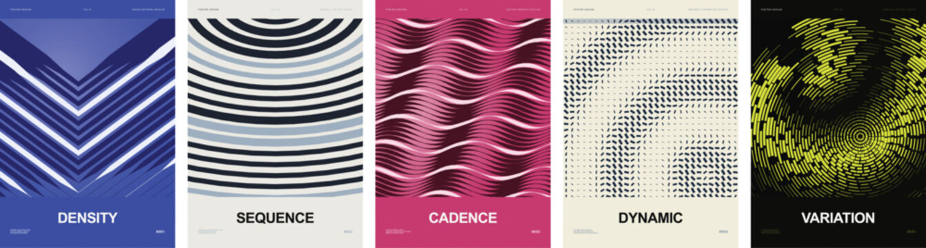 Abstract wavy line pattern set, 5 vector geometric backgrounds in blue and yellow, modern texture for poster and branding