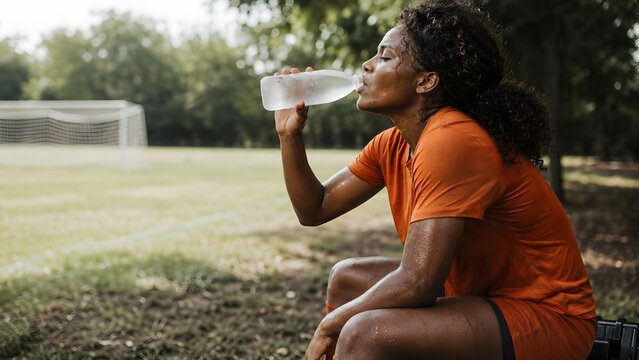 sports women's football 2026 women's africa cup of nations exhausted african female player drinking water after training for hydration recovery and heat safety

