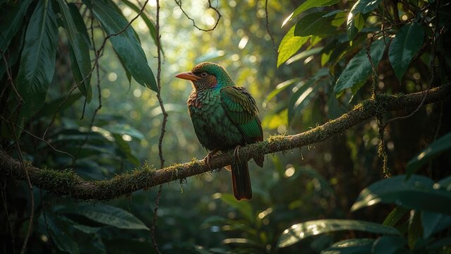 Bird perched on a branch in a lush jungle with greenery and sunlight filtering through the leaves. Nature and wildlife, concept. Forest habitat and avian species. The concept of biodiversity and ec...
