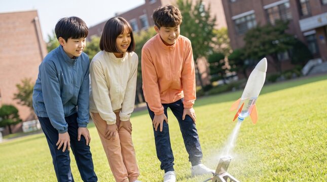 Three East Asian schoolchildren watch a homemade bottle rocket lift from its stand with a burst of water across a sunny campus lawn, celebrating teamwork, applied physics and outdoor discovery