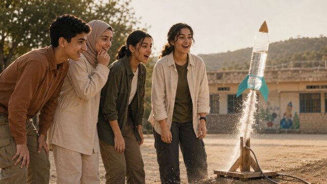 Four Middle Eastern school students react with delight as a clear bottle rocket climbs above a wooden launcher at golden hour, turning water pressure, teamwork and curiosity into active science