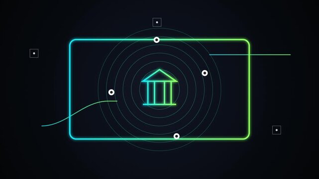 Neon bank icon on digital interface. Financial technology concept with glowing UI elements.