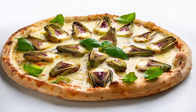 delicious artichoke pizza with fresh basil on a white background