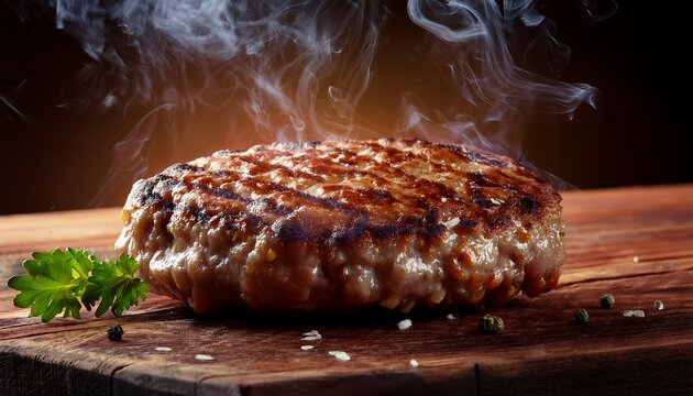 juicy patty sizzles on wooden table amidst dark brown background dark sizzling