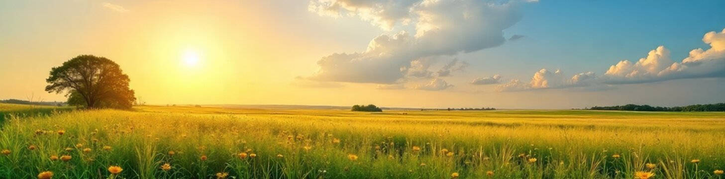 Vast expanse of tallgrass prairie shimmering under a summer sun, wildflowers in bloom, swaying gently in the breeze A tranquil scene of untouched natural beauty , untouched, sustainability