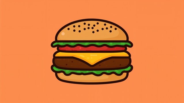 Cartoon-style burger with cheese, lettuce, tomato, and patty on a plain background.