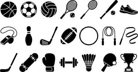 Set of black and white sports equipment icons representing various athletic activities and competition gear © Abu Siddik