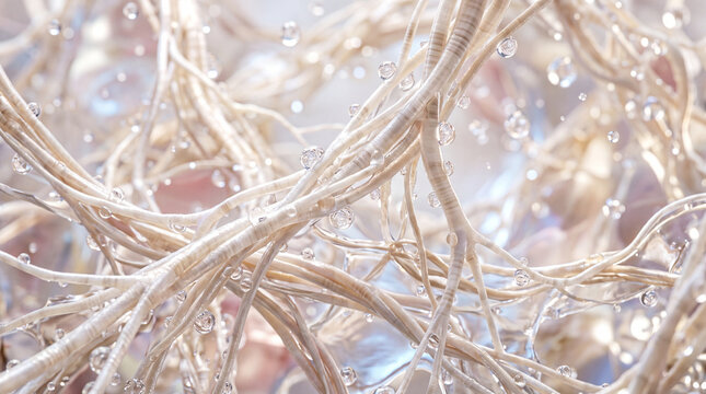 Collagen protein network, hydrated fiber structure, closeup of natural connective tissue, moisture droplets, smooth texture, scientific background