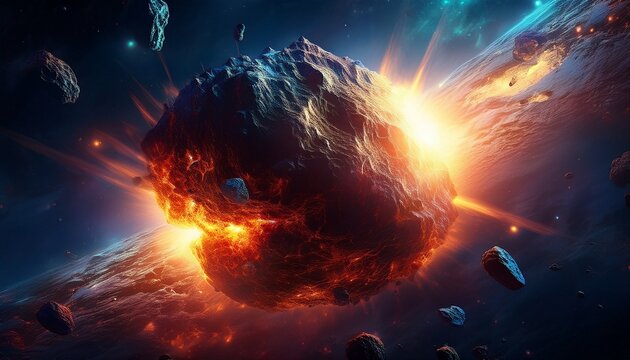 glowing planetary core emerging from dark space meteorite asteroid