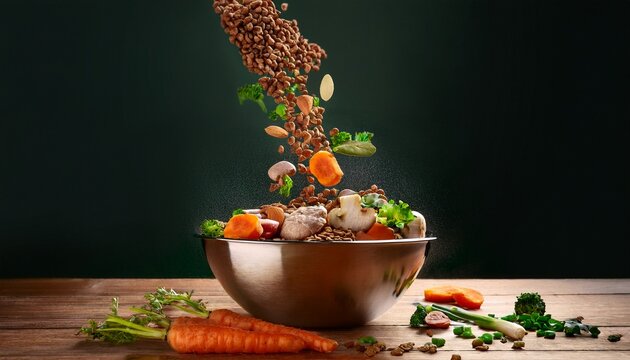 fresh ingredients falling into bowl with dry pet food healthy eating bowl