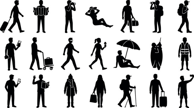 Black silhouette collection of travel and tourism icons featuring vacation and adventure activities
